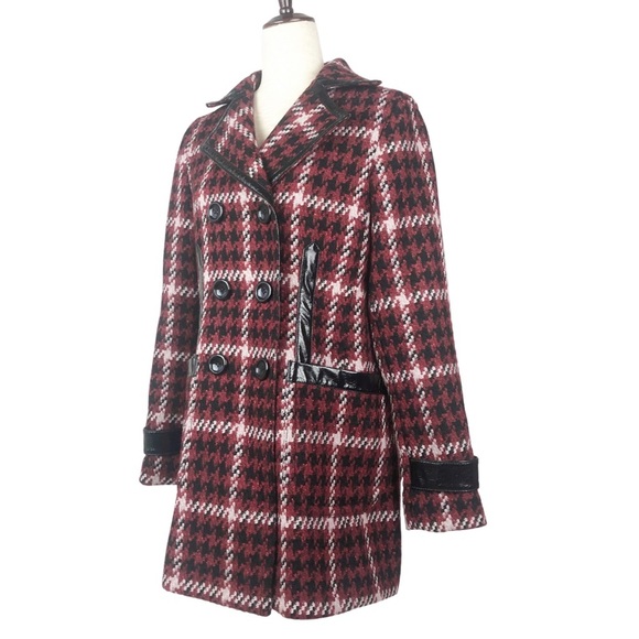 New with tag Express Women’s Red Black Houndstooth Tweed Wool Winter Peacoat - Picture 5 of 16
